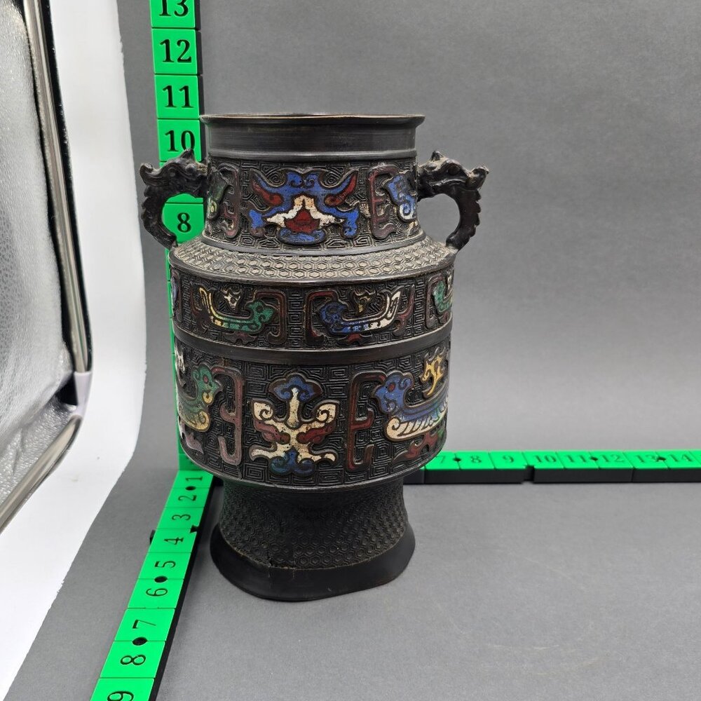 Antique Japanese Bronze Champleve Vase 11" Archaic Dragon Handle Meiji Style - Picture 14 of 16